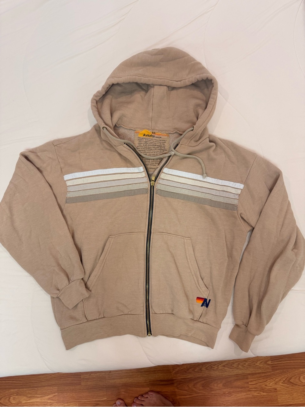 Aviator Nation Women’s Beige/Tan Zip Hoodie with Stripe Chest